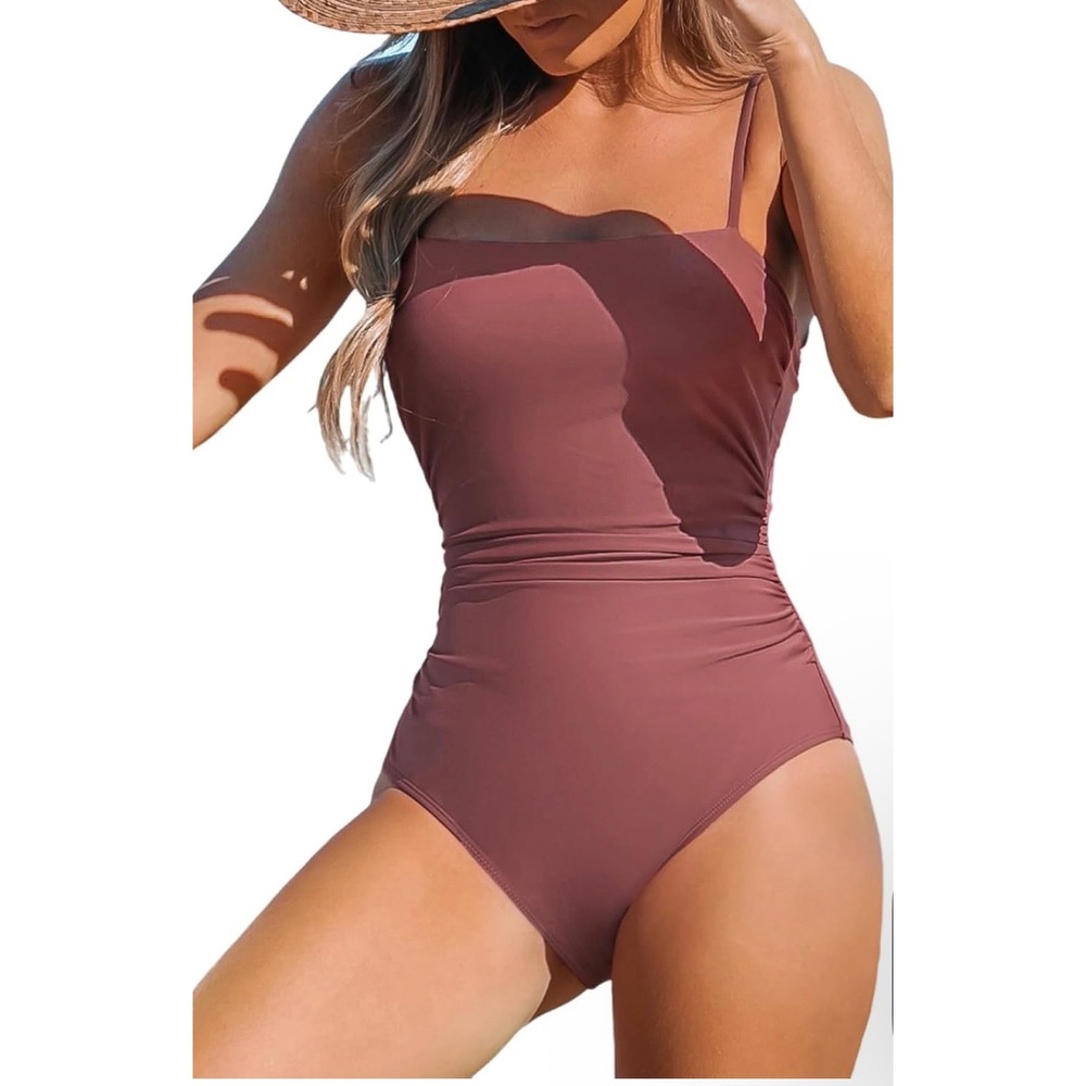 Cupshe Womens Terracotta Ruched One Piece Swimsuit Square Neck Cutout Back M NEW